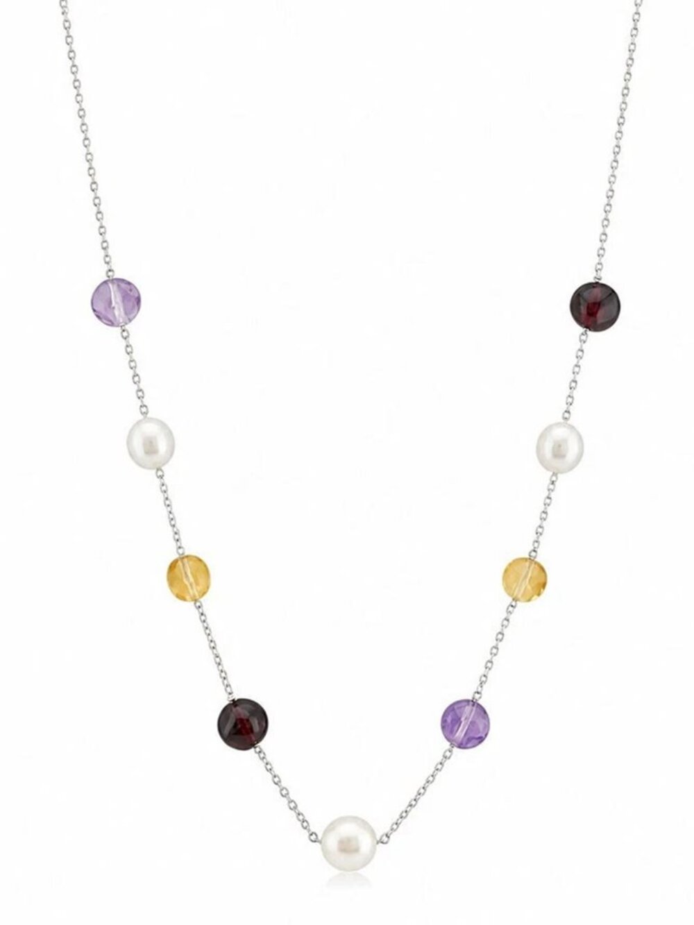 Genuine Amethyst, Pearl, Citrine & Garnet Collar Necklace Solid .925 Silver